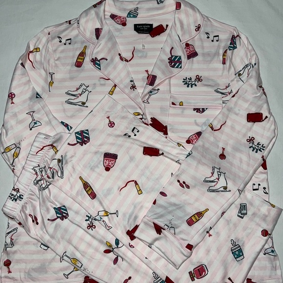 Kate Spade Long 2Pcs Festive Fun Notch Collar Pajama Set Pink - Picture 2 of 8